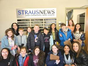 Montgomery Elementary School’s journalism club students with teachers Jaclyn Gollinger and Melissa Nogueira and Straus News Managing Editor Lisa Reider.