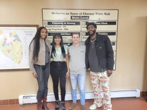 Business partners Bianca Stewart, Dr. Sh-Ron Pierre-Kovler and Iman Shumpert meet with Chester Town Supervisor Brandon Holdridge.