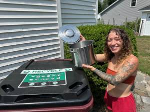 Samantha Redonda with a warped stainless steel pot.