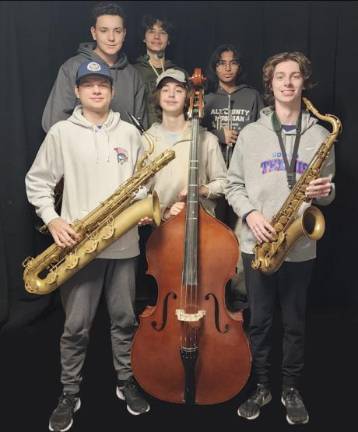 High School Jazz All-County Band 2025. L-R Back: Ninth grader Lucas Collishaw on trumpet, tenth grader Sion Siljkovic on vibraphone, and tenth grader Tarunya Balamurali on trumpet. L-R Front: twelfth grader Tanner Conklin on baritone saxophone, tenth grader Guy Coppers Costantino on bass, and twelfth grader Aiden Meyers on tenor saxophone.