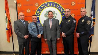 L-R: Monroe Village Police Chief Darwin Guzman, Warwick Town Police Chief John Rader, Orange County Executive Steve Neuhaus, Crawford Police Chief Dominick Blasko, and City of Middletown Police Chief John Ewanciw.