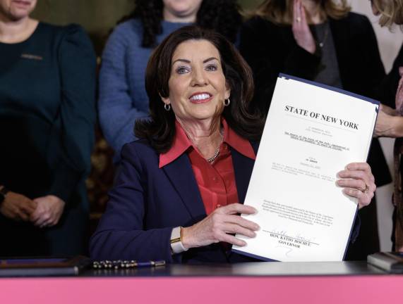 Gov. Kathy Hochul signs a bill on Feb. 3 to shield the identities of doctors who prescribe abortion medications.