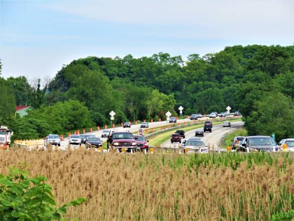 Orange traffic cones line Route 17 at the Leogland New York construction site (Photo by Nicole Wells)