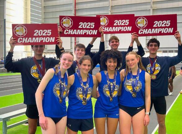 The Section IX boys and girls intersectional relay teams. From top left, Nate Diemoz of Wallkill, Ryan Schramm of Goshen, Van Furman of Tri-Valley, and Josh Bishop of Highland. In front, Hazel Lewis of Kingston, Gracyn Halloran of Sullivan West, Laila Logan of Goshen, and Maia Rich of Kingston.