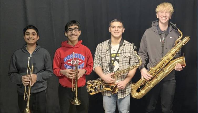 Junior High Jazz All-County Band 2025: eighth graders Ishaan Bagam and Aarush Vohra on trumpet and ninth graders Dante Mazerolle and Jacob Loter on saxophone.