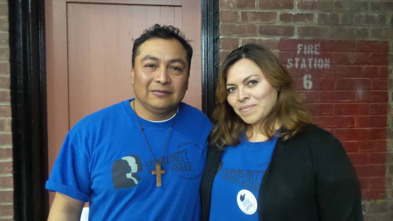 Immigrants Alfredo Pacheco and Amalia Hernandez live in Goshen. Both are leading organizing members of CVH (Community Voices Heard) and spoke during Sanctuary for All: The CVH Hudson Valley People&#x2019;s Assembly held at the Newburg Armory Unity Center last month (Photo by Frances Ruth Harris)