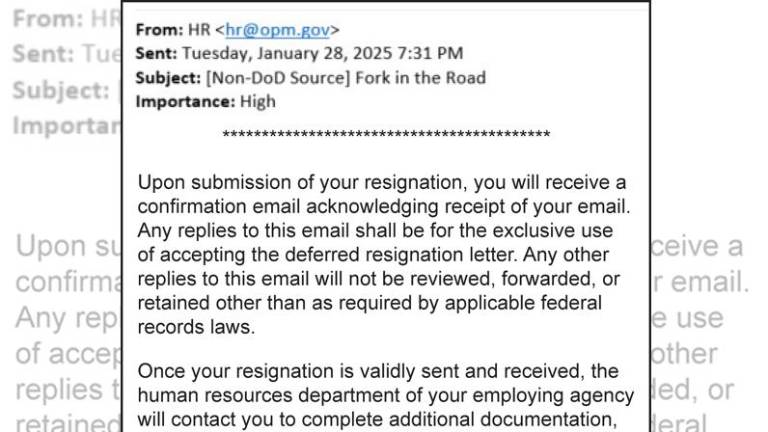 A Jan. 28 email with the subject line ‘Fork in the Road’ that was received by Office of Personnel and Management employees included the deferred resignation letter.